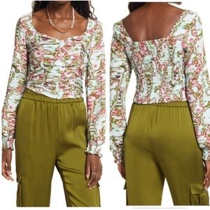 Open Edit Women's Smocked Ruched Blue Green  Long Puff Sleeve Floral Blouse M